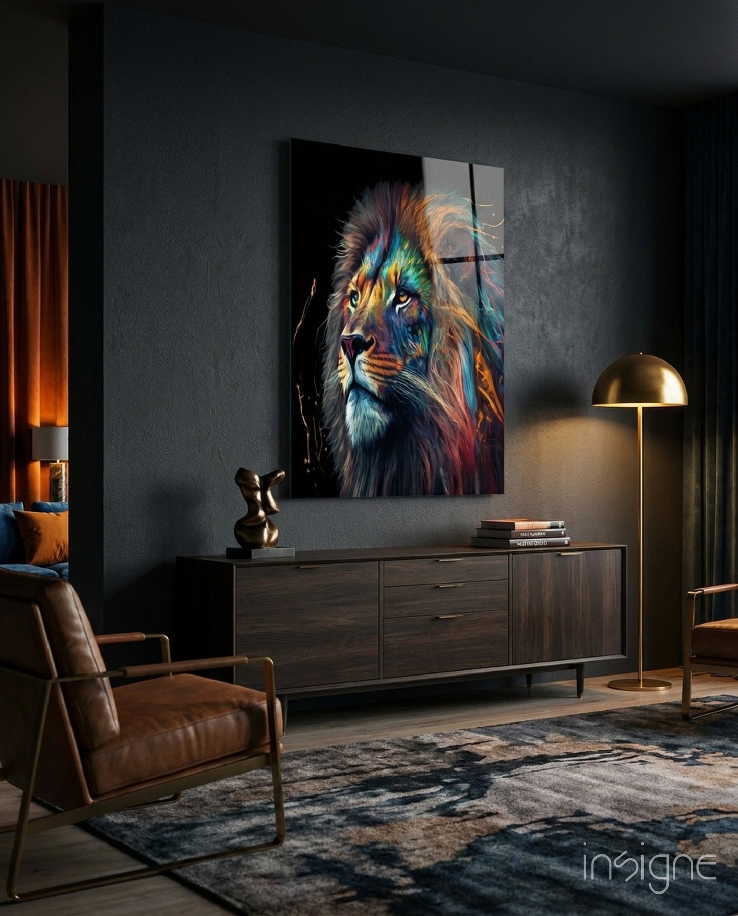 Tall Rainbow Mane Gazing Lion Glass Wall Art