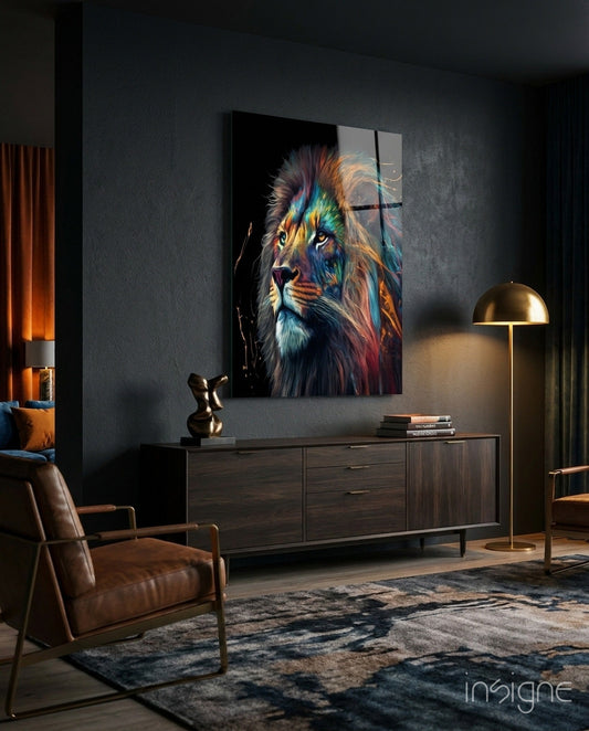 Vibrant multicolored lion portrait glass wall art displayed above dark wood dresser in modern living room with leather chair and brass floor lamp.