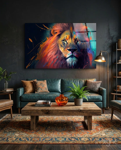 Coral Pink Mane Watchful Lion Glass Wall Art