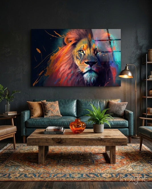 Vibrant multi-panel glass wall art depicting a colorful lion with orange, coral, and turquoise hues displayed above a teal sofa in a modern living room.