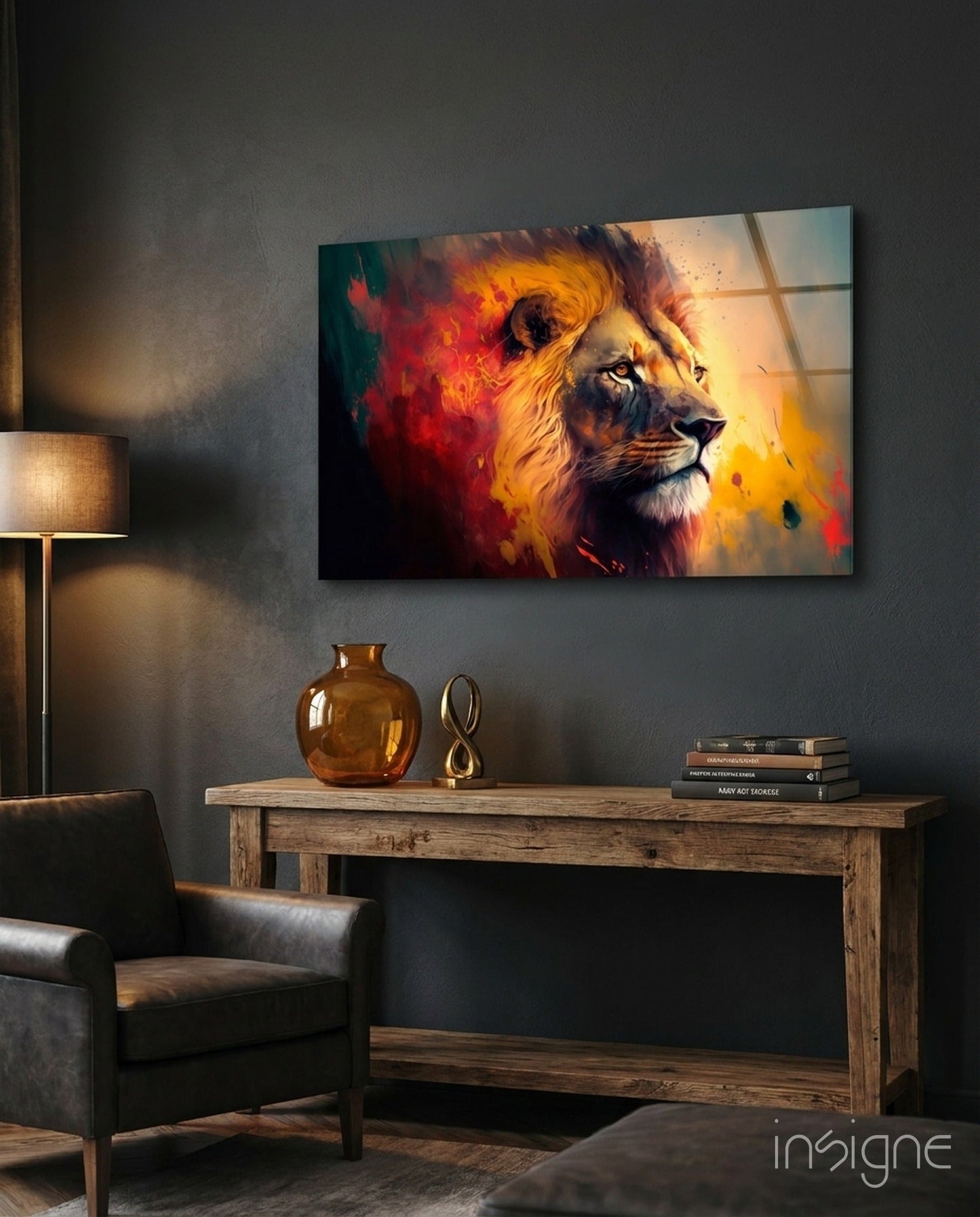 Ember Red Yellow Mane Lion Profile Glass Wall Art