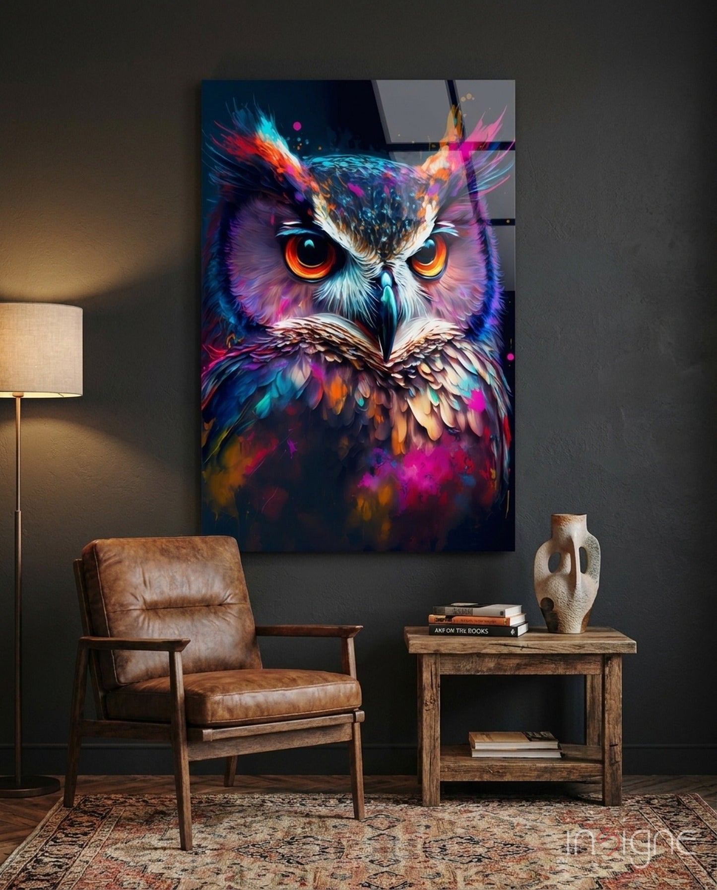 Neon Purple Feathered Owl Face Glass Wall Art