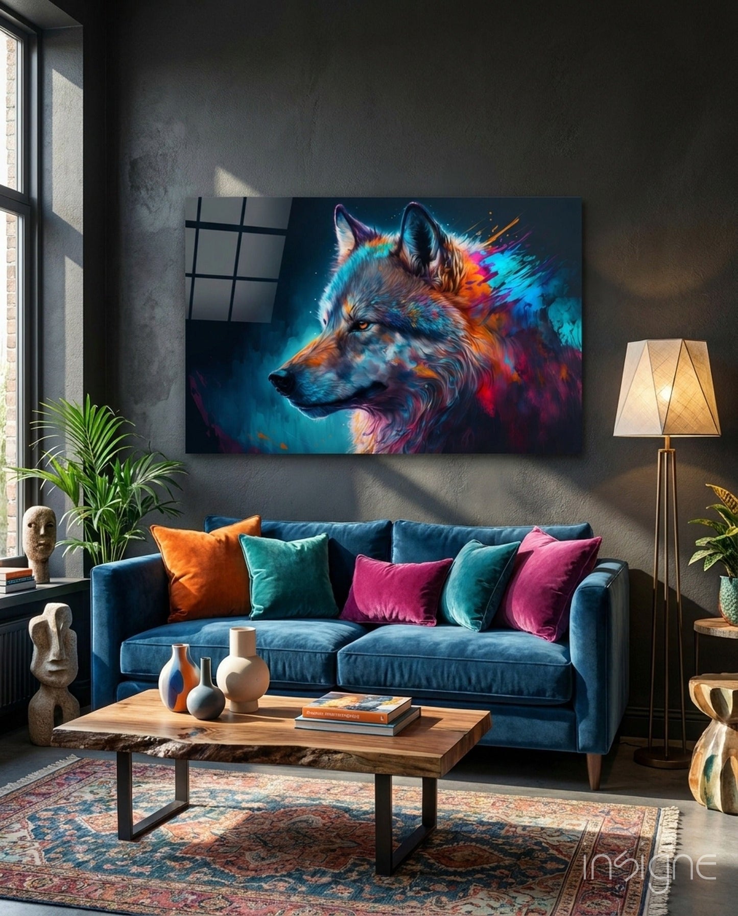 Colorful wolf portrait glass wall art displayed above blue sofa in modern living room with colorful pillows and wooden coffee table.