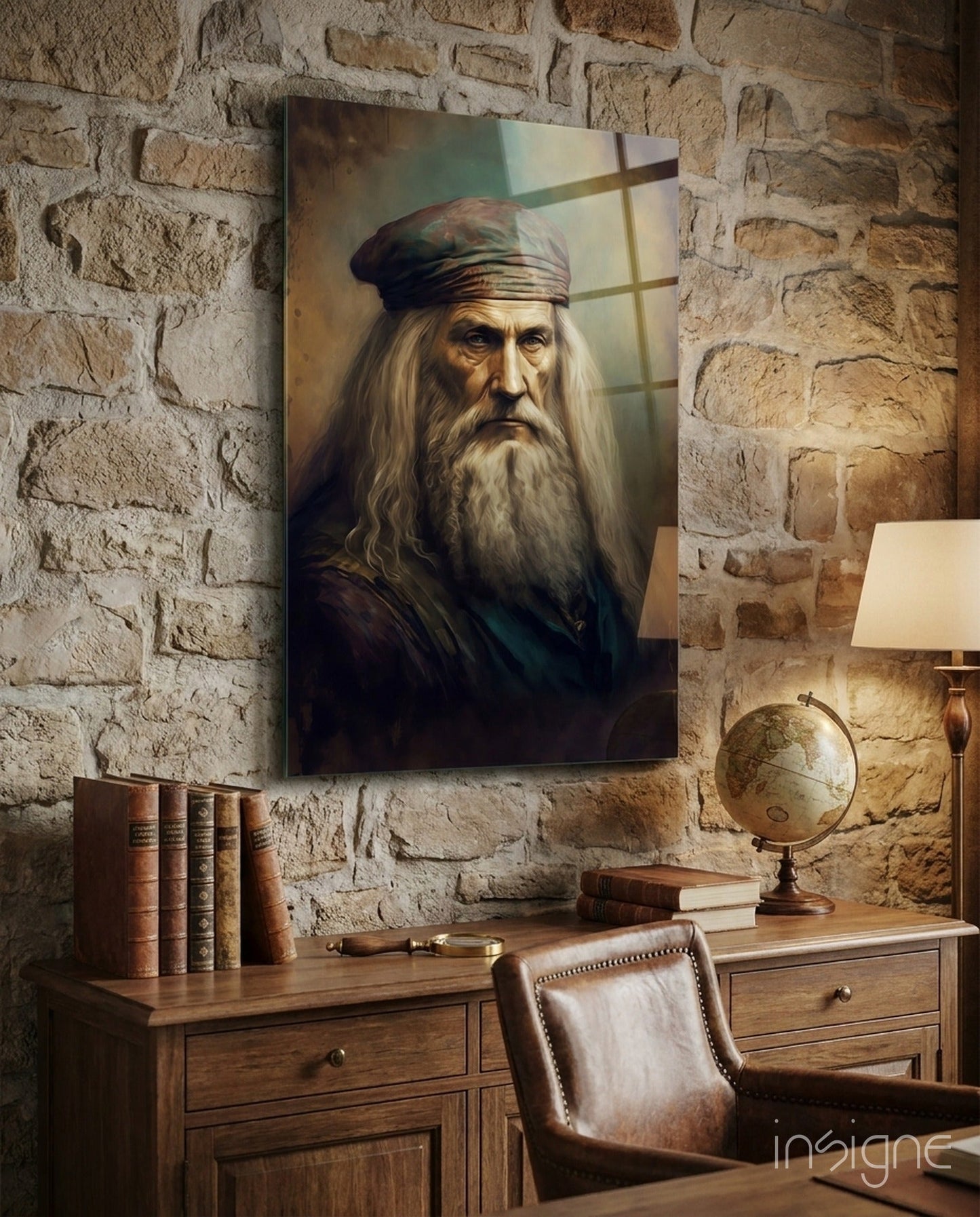 Glass wall art depicting Leonardo da Vinci with long beard and head wrap, displayed above wooden desk in study room with brick walls.