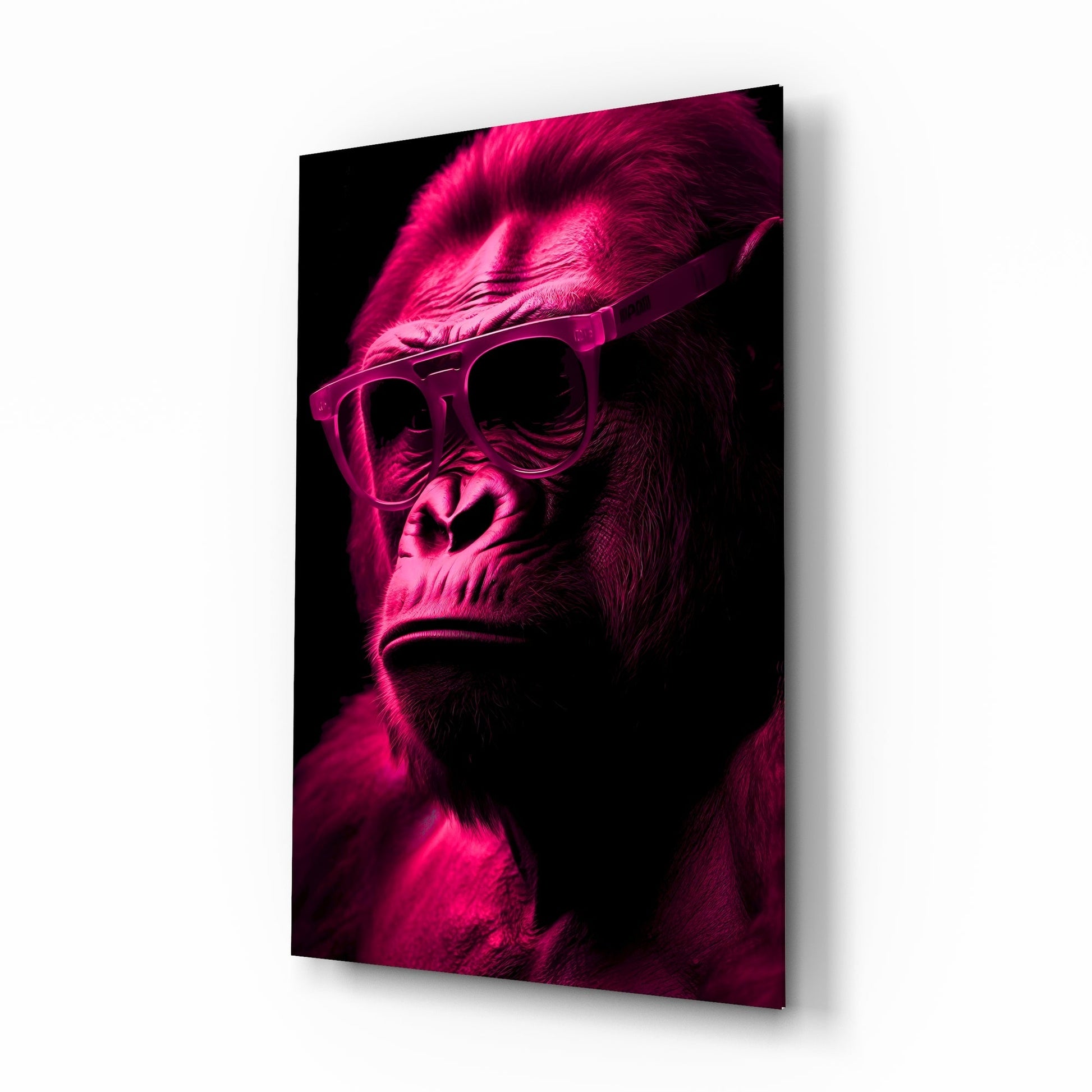 A stylized primate wearing oversized pink sunglasses against a black background, illuminated in vibrant magenta tones on glass.