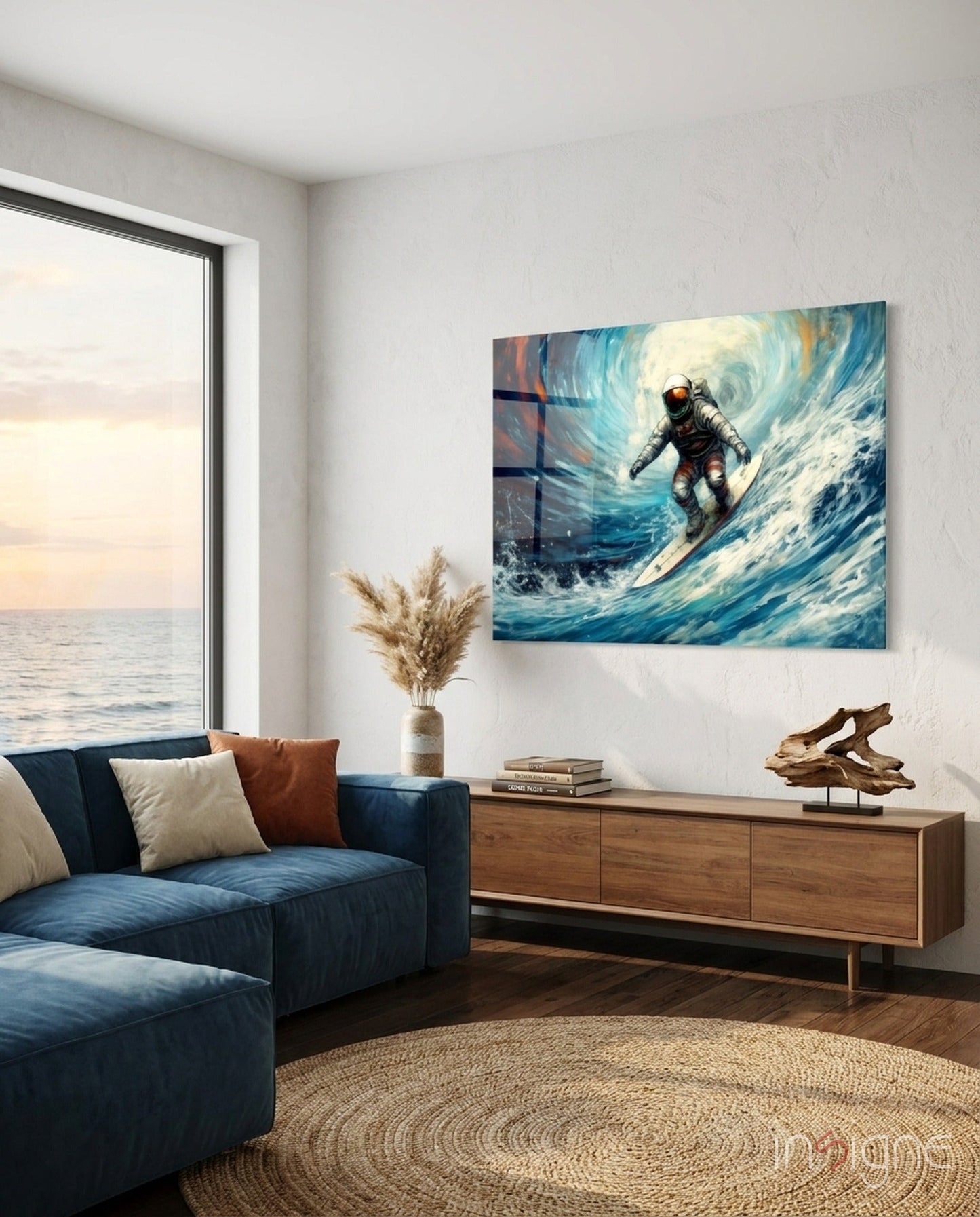 Modern coastal living room with blue curved sofa, wooden console table, and astronaut surfing artwork on white wall above.