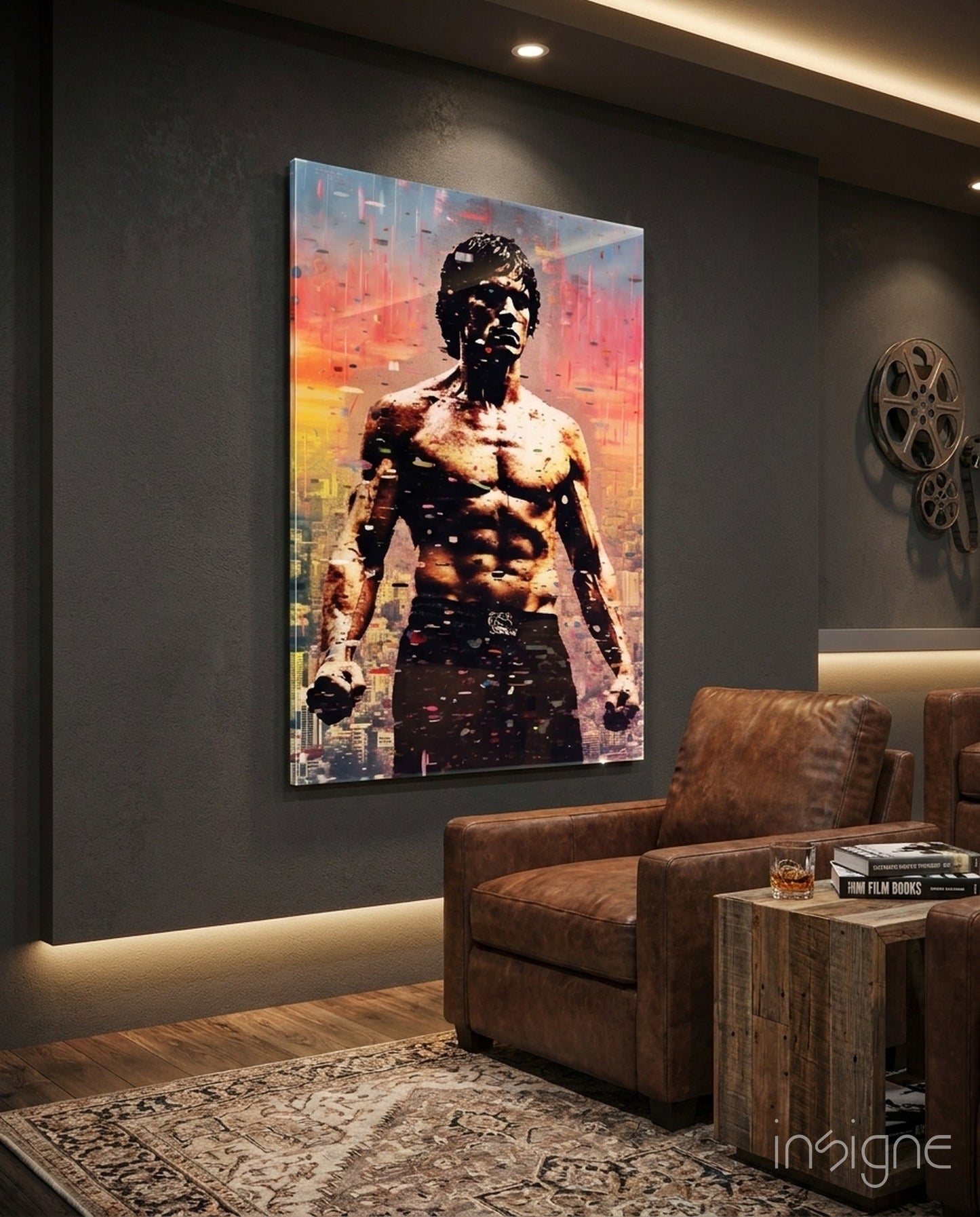 Lee Glass Wall Art featuring a muscular shirtless man against an orange and yellow cityscape backdrop, displayed in a modern living room.
