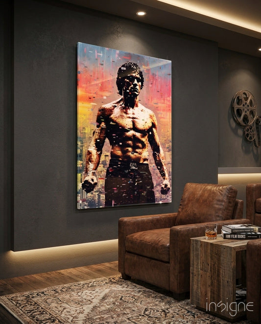 Lee Glass Wall Art featuring a muscular shirtless man against an orange and yellow cityscape backdrop, displayed in a modern living room.