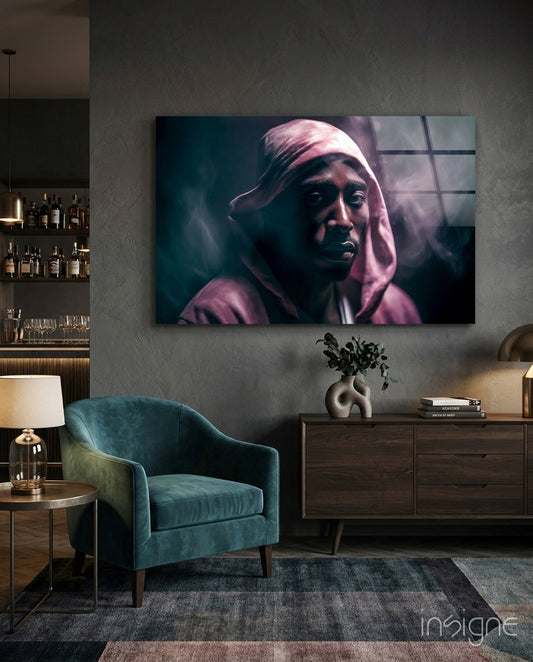 Pink Hood Teal Smoke Rapper Glass Wall Art