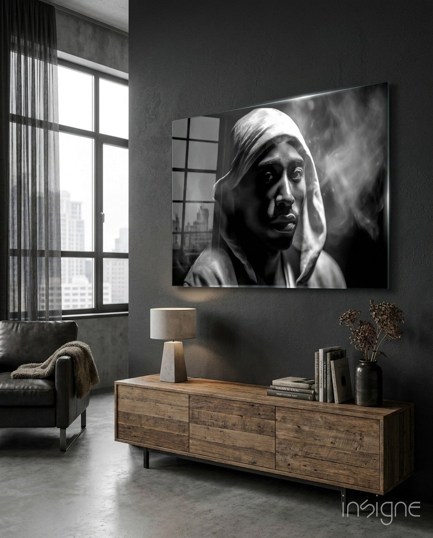 Monochrome Hooded Rapper Portrait Glass Wall Art