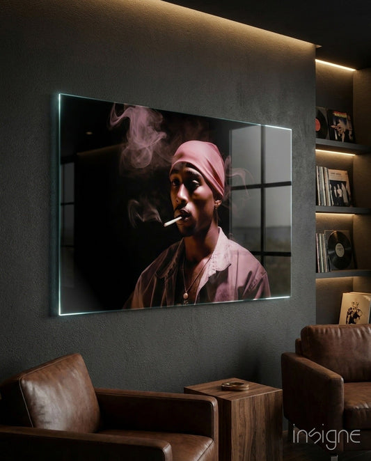 Modern living room interior featuring illuminated glass wall art displaying a figure in pink bandana with cigarette, flanked by lit shelving unit with vinyl records and books.