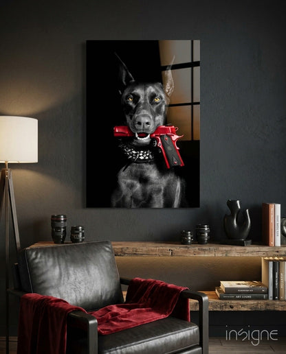 Doberman Holding Red Pistol Glass Wall Art
