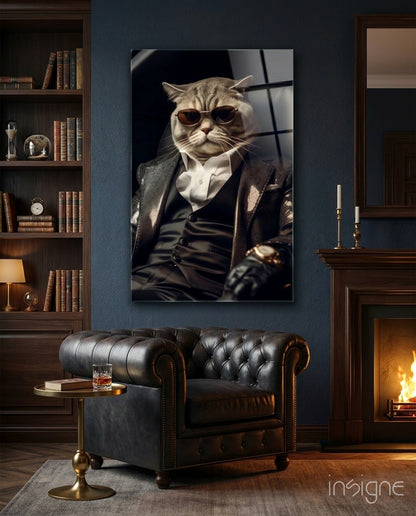 Sunglasses Cat In Black Suit Glass Wall Art