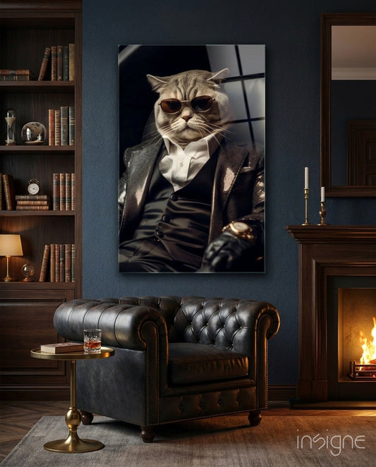 Stylish cat wearing sunglasses and black suit jacket displayed as framed wall art in luxury library setting.