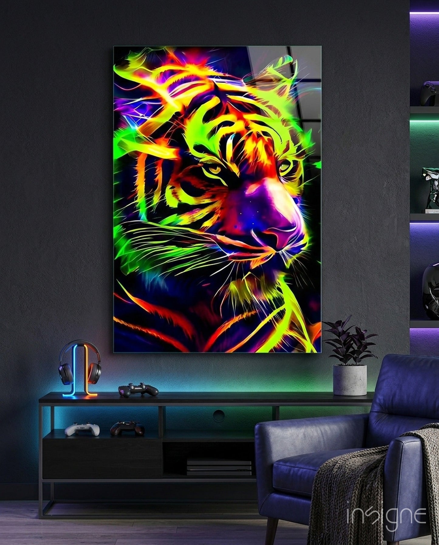 Vibrant neon tiger glass wall art displaying multicolored yellow, green, red, and blue streaks in a modern gaming room setting.