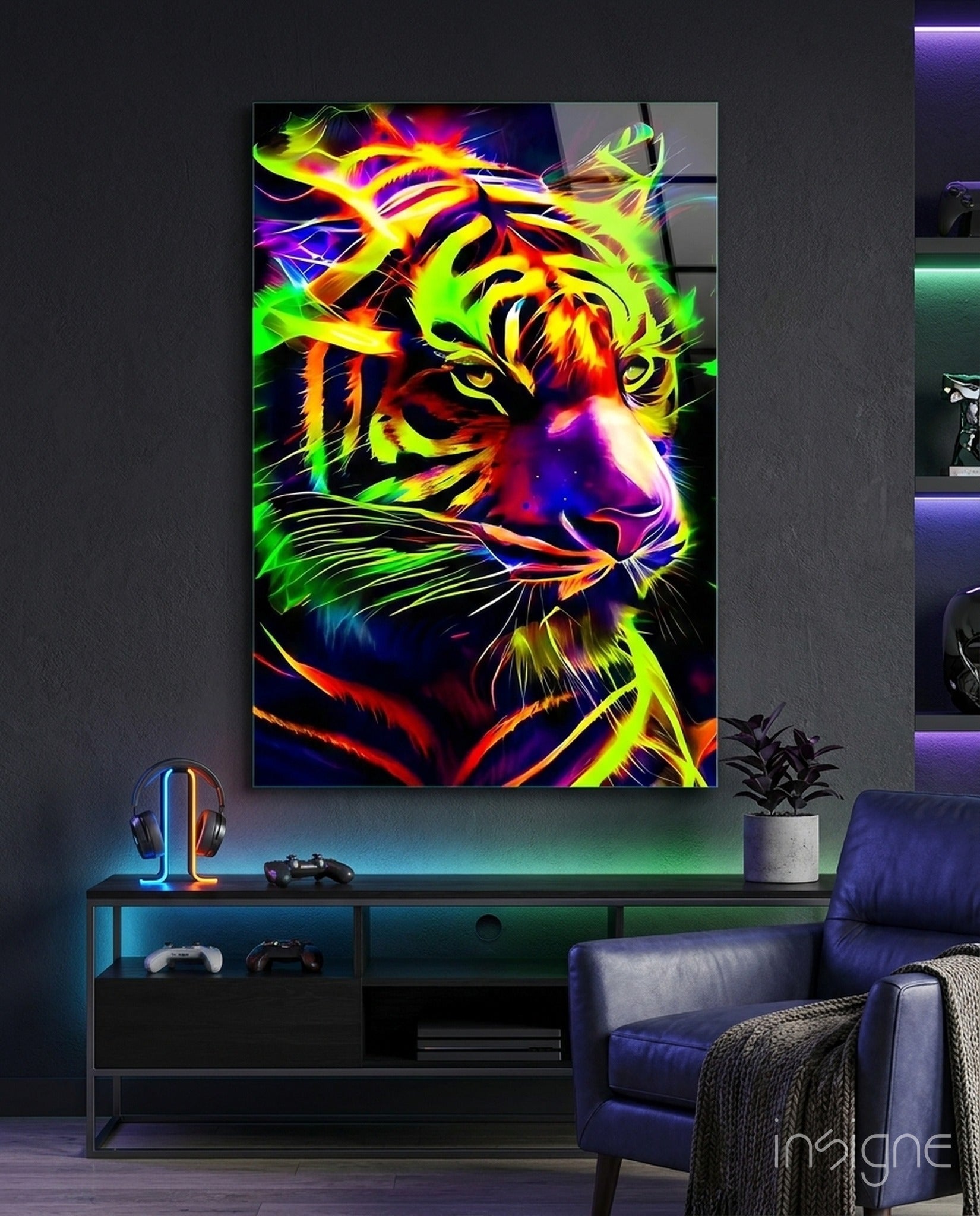 Vibrant neon tiger glass wall art displaying multicolored yellow, green, red, and blue streaks in a modern gaming room setting.
