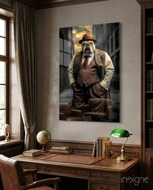 Bulldog In Brown Suit And Fedora Glass Wall Art