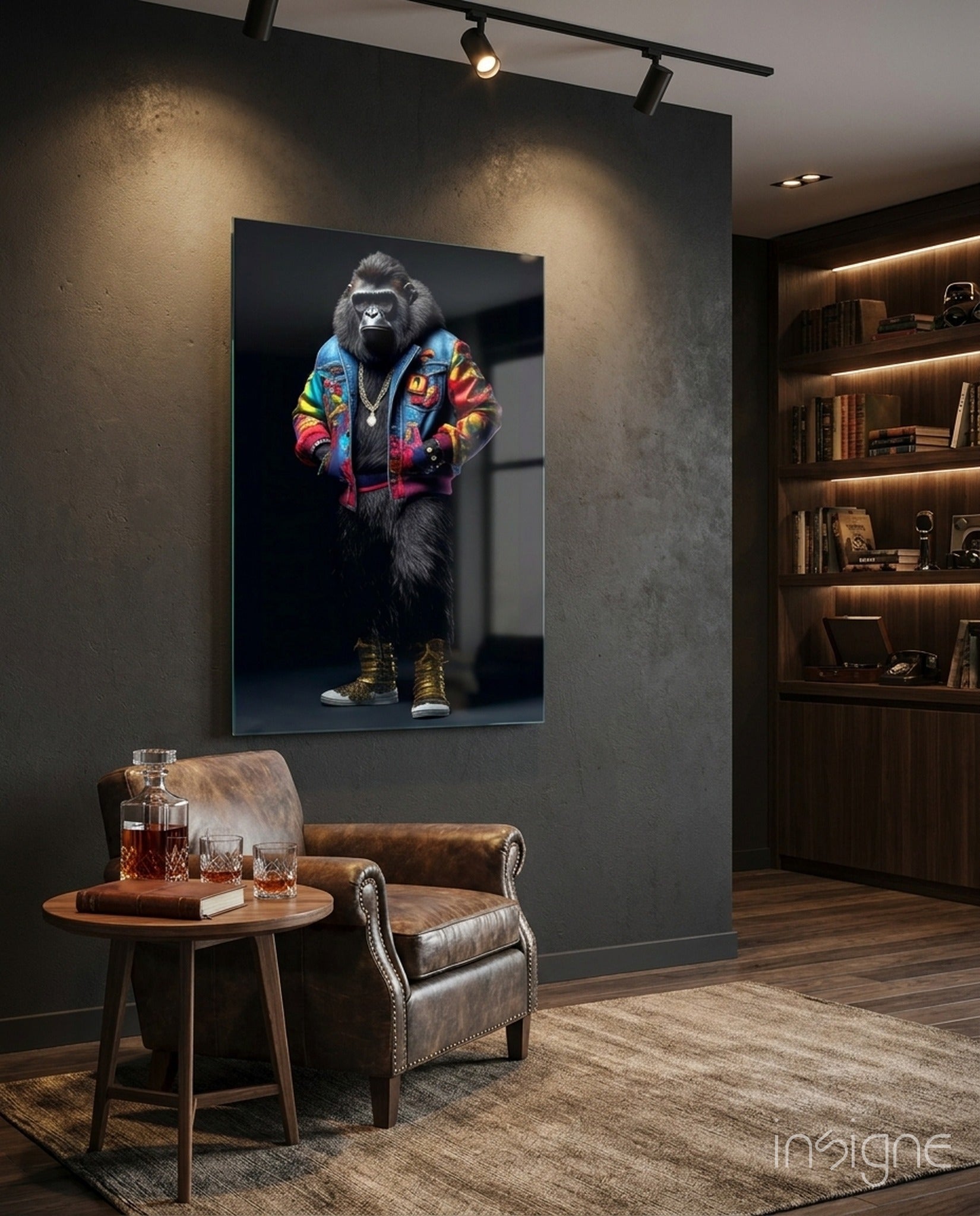 Stylized gorilla wearing colorful geometric jacket and gold boots displayed on dark wall above leather chair in modern interior setting.