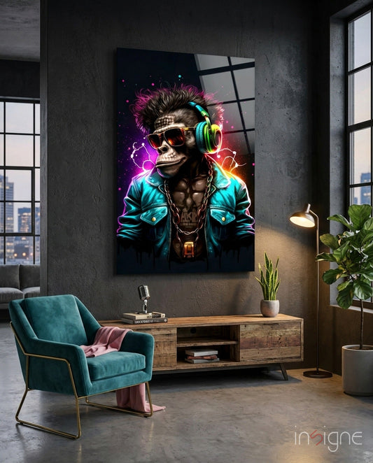 Neon glowing monkey wearing headphones and sunglasses displayed above wooden console in modern loft room with teal chair.