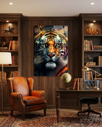 Vibrant tiger face glass art mounted on wooden library wall above leather chair, displaying golden and blue tones.