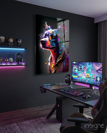 Neon Splash Dog in Glasses and Suit Glass Wall Art