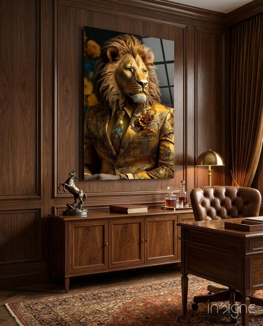 Lion wearing gold brocade jacket displayed as framed glass wall art in luxury wood-paneled office setting.