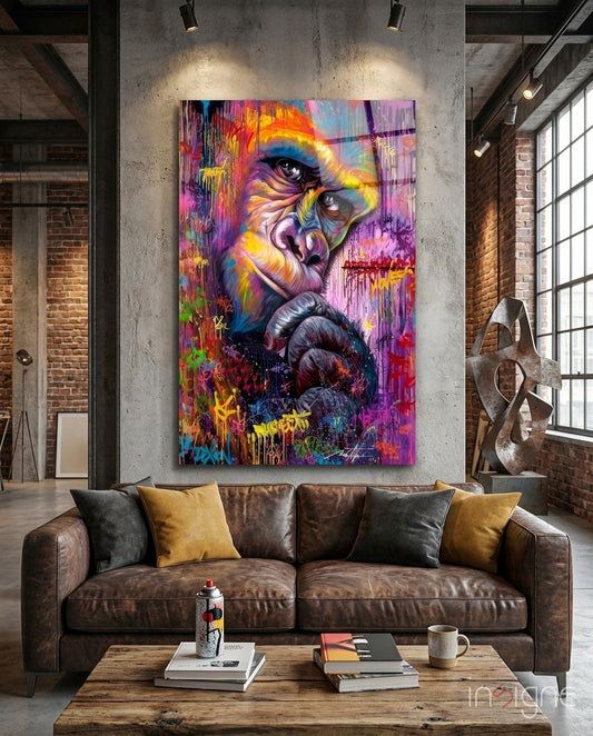 Vibrant multicolored glass art depicting an expressive primate face displayed above a brown leather sofa in an industrial loft space.