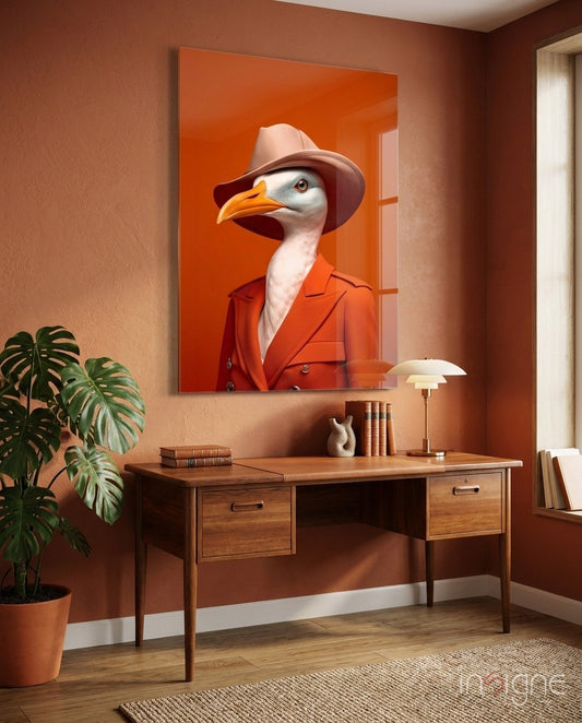 Orange glass wall art depicting a stylized seagull wearing a red blazer and fedora hat, displayed above a wooden desk in a terracotta-walled room.