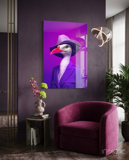 Seagull in Purple Trench Coat Glass Wall Art