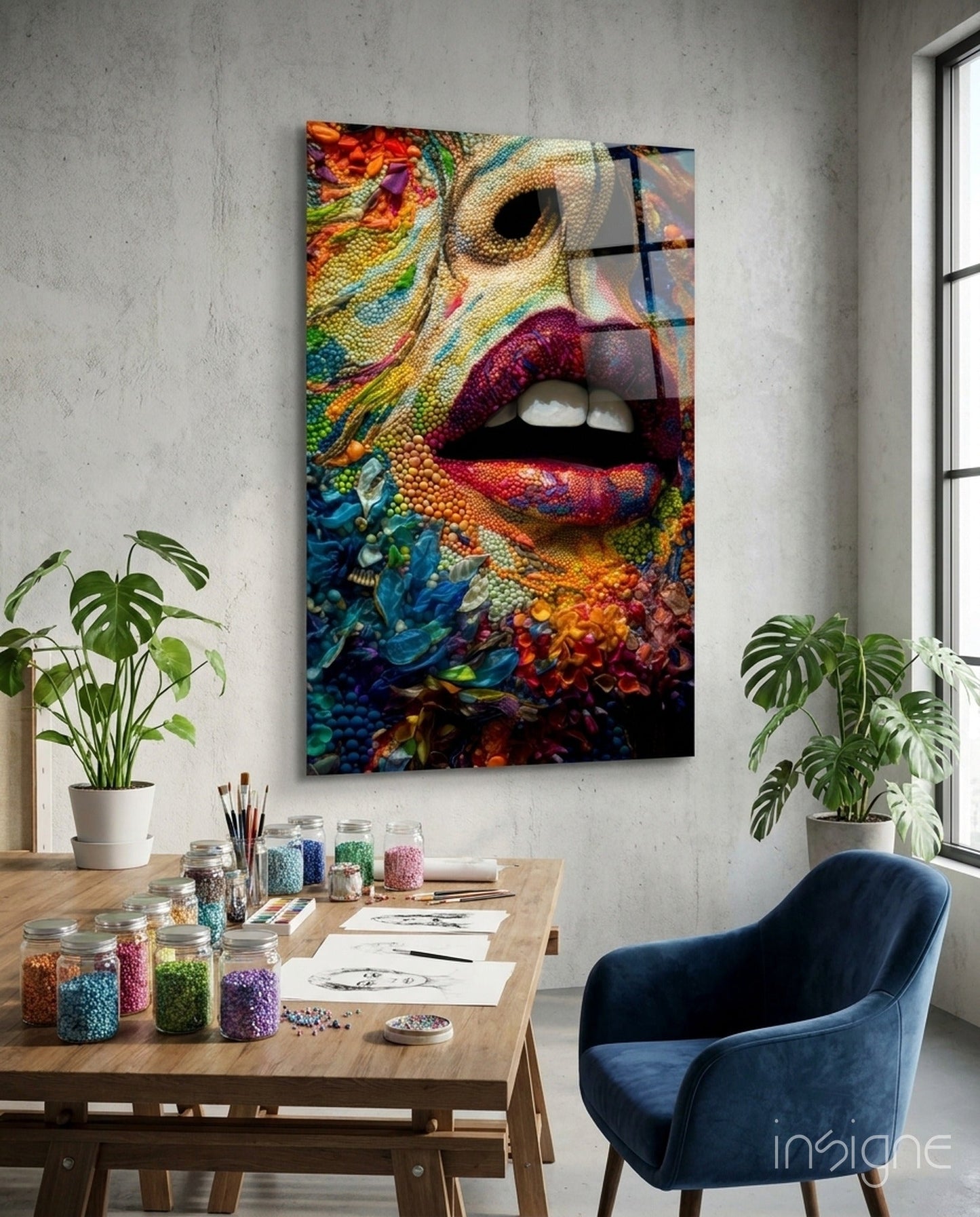 Colorful glass wall art featuring vibrant lips and coral reef textures displayed in a bright studio workspace with wooden desk and plants.