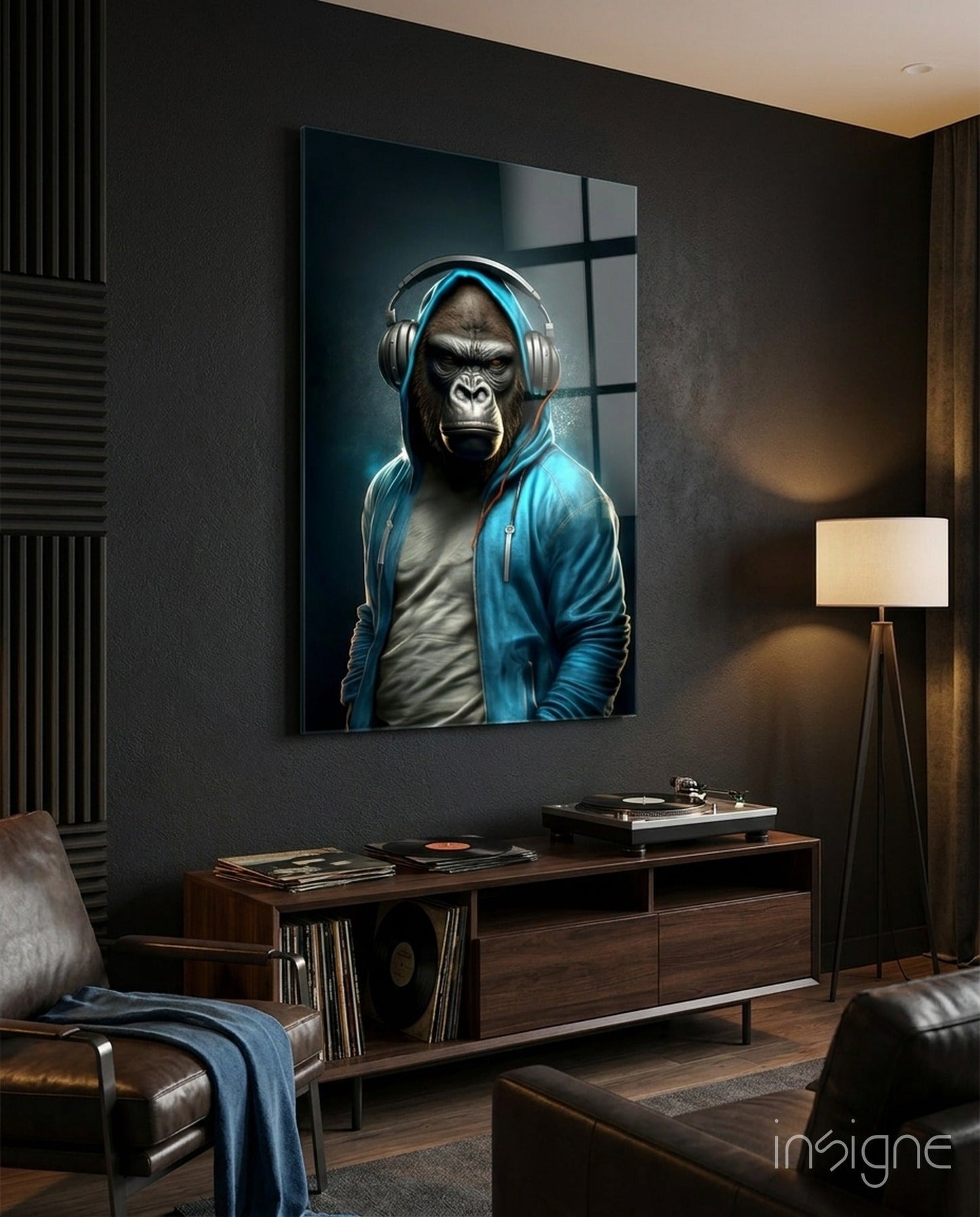 Gorilla in Blue Hoodie With Headphones Glass Wall Art