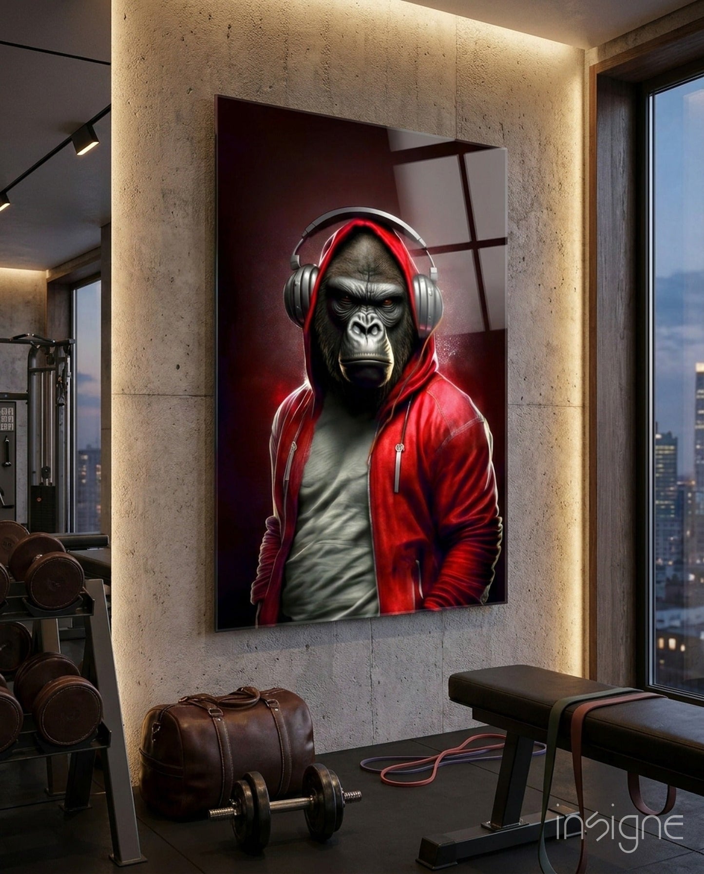 Gorilla in Red Hoodie With Headphones Glass Wall Art