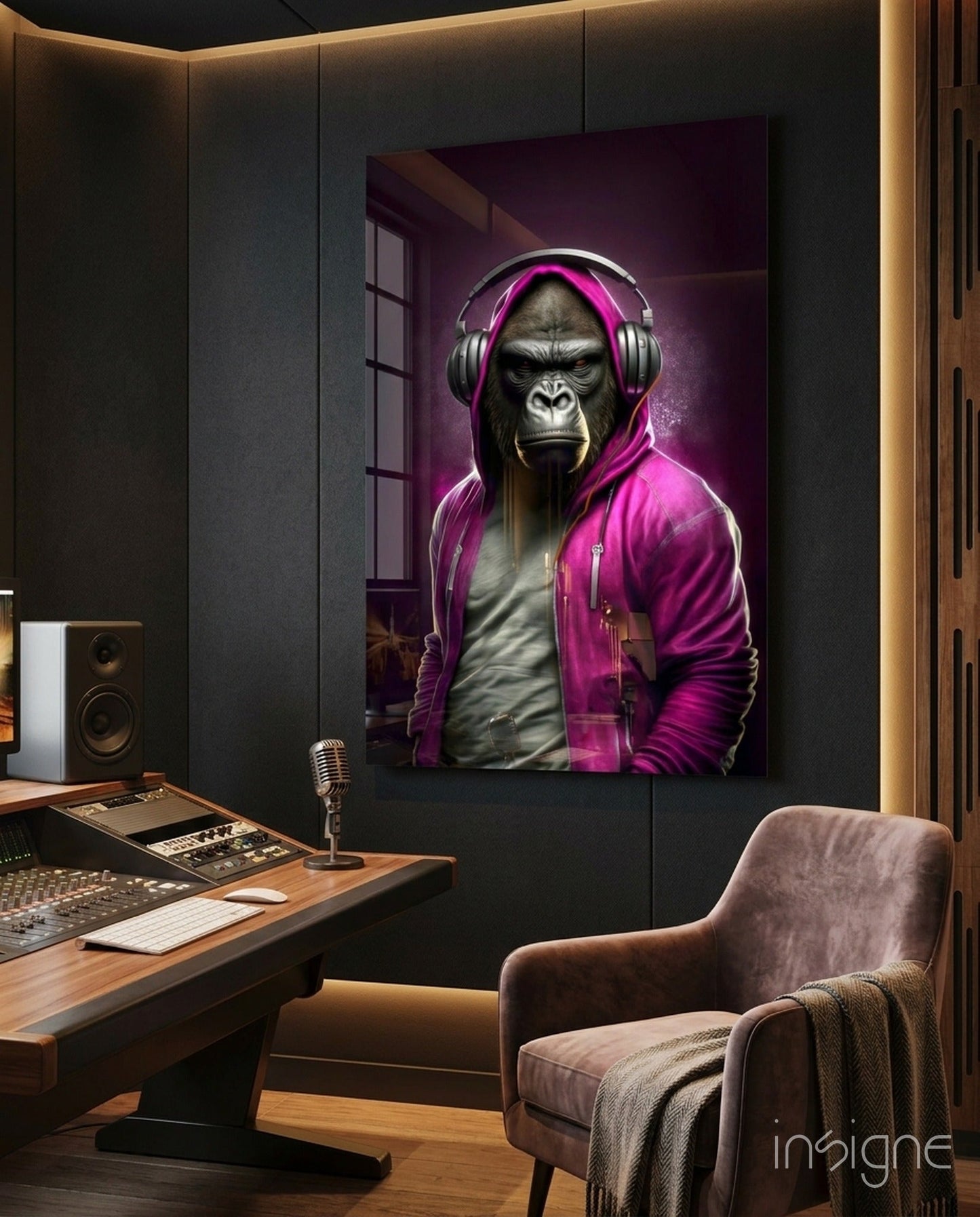 Gorilla in Magenta Hoodie DJ Headphones Glass Wall Art