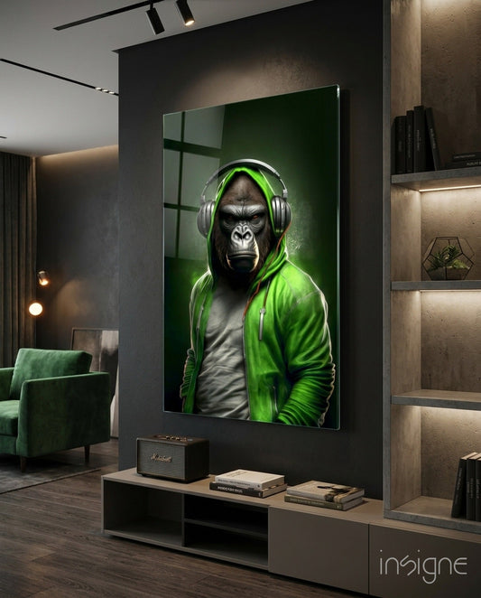 Modern living room interior featuring large glass wall art displaying a chimpanzee wearing neon green hoodie and headphones against dark background.