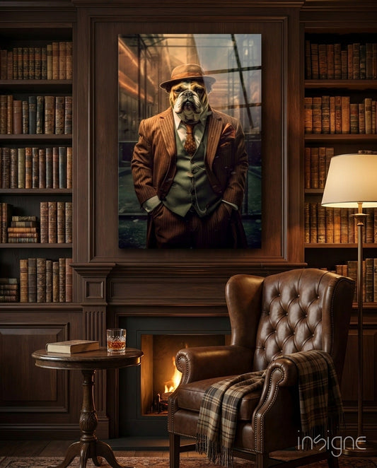 Framed glass art displaying a dressed bulldog in rust pinstripe suit and fedora, hung above a fireplace in a library setting.