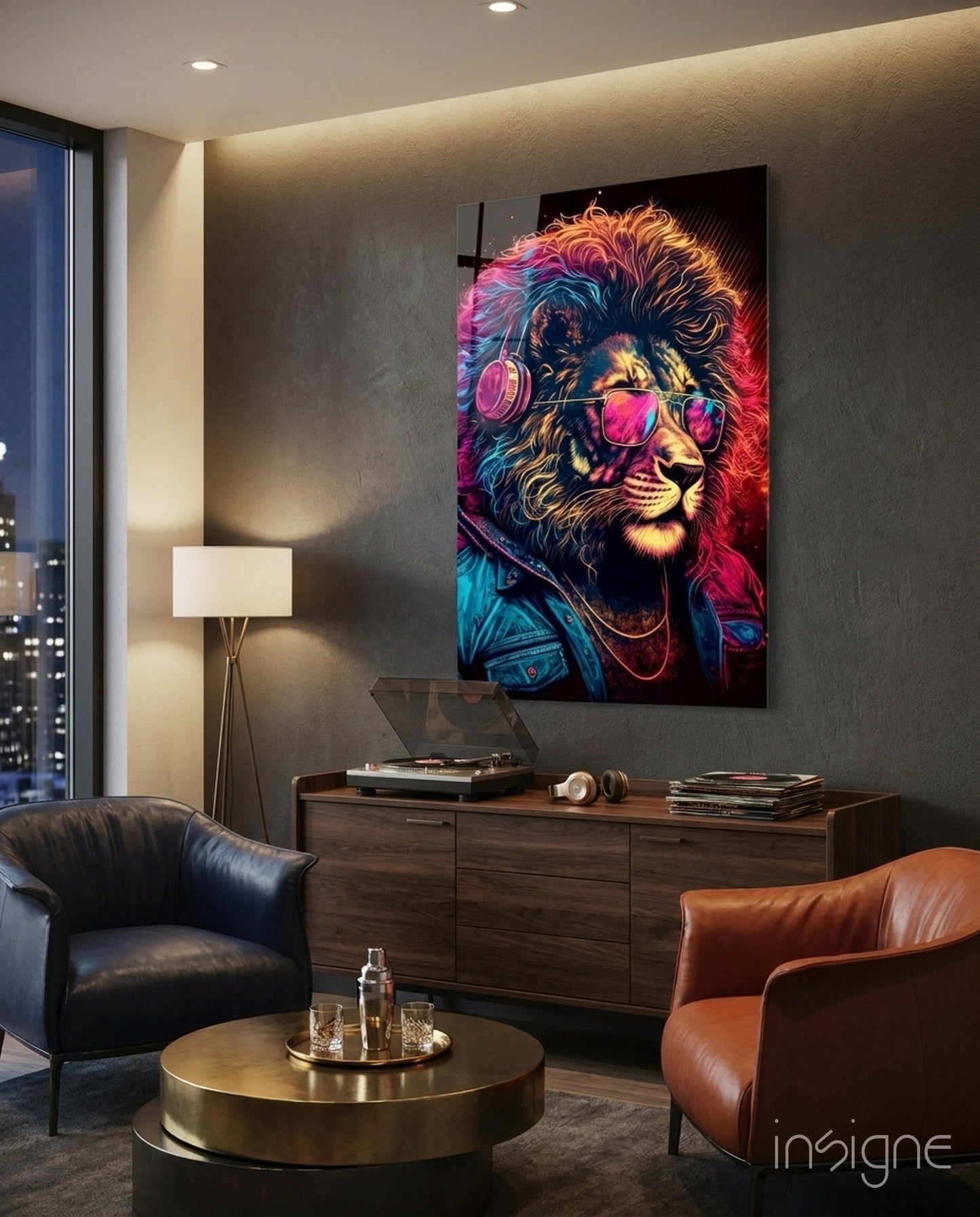 Neon Lion With Headphones and Shades Glass Wall Art