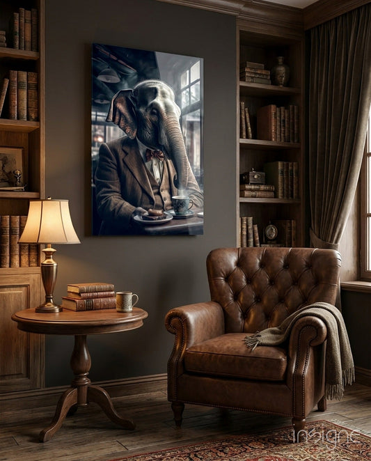 Glass wall art depicting an elephant in formal attire seated at a table, displayed in a classic study room setting.
