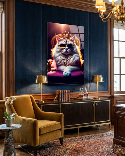 Luxurious office interior featuring illuminated glass wall art of a regal cat wearing sunglasses and crown against deep blue walls.