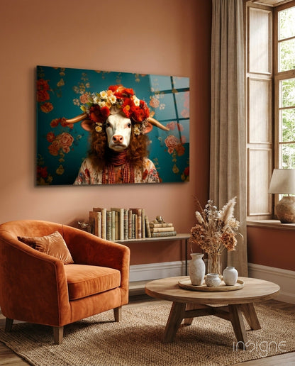 Surreal artwork of cow wearing flower crown displayed above shelf in warm terracotta living room with orange chair.