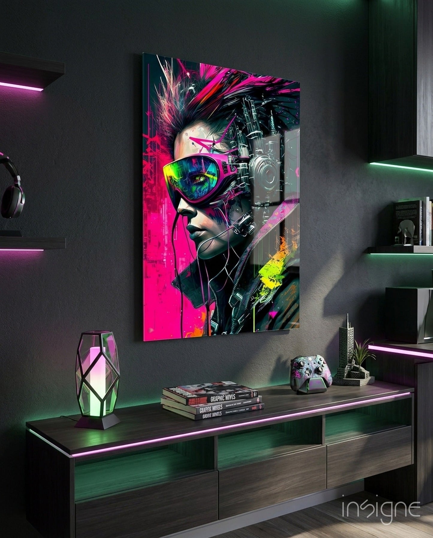 Cyber Woman in Neon Pink Visor Glass Wall Art