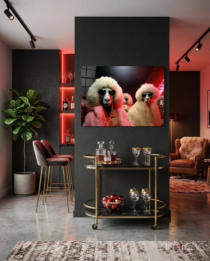 Poodles in Pink Fur Coats and Shades Glass Wall Art