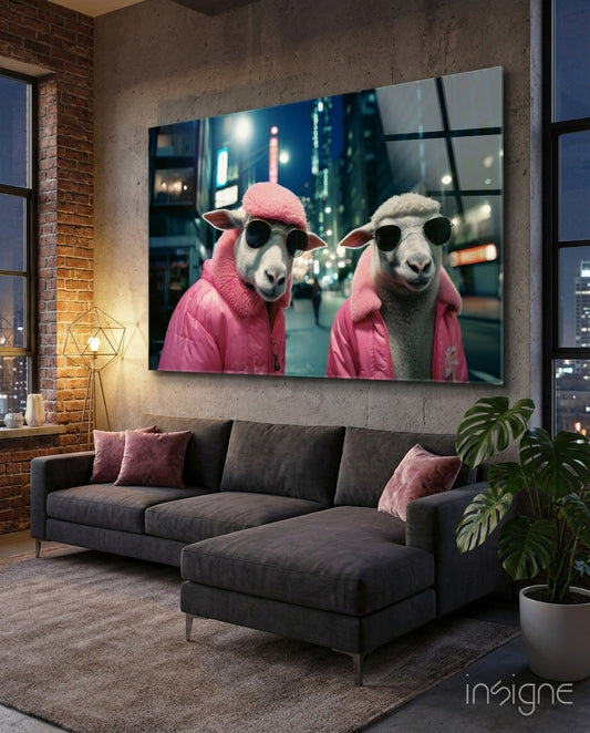 Modern loft living room with charcoal sofa and pink cushions beneath large mounted glass artwork featuring two sheep wearing sunglasses and pink jackets against a nighttime city backdrop.