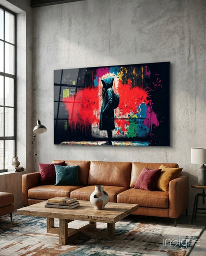 Hooded Kid Facing Red Paint Splash Glass Wall Art
