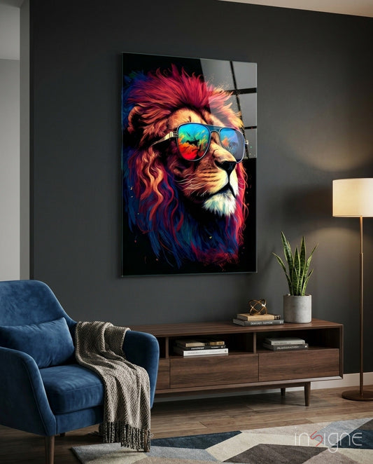 Vibrant lion portrait with red and blue mane wearing reflective aviator sunglasses displayed on dark bedroom wall above wooden console.