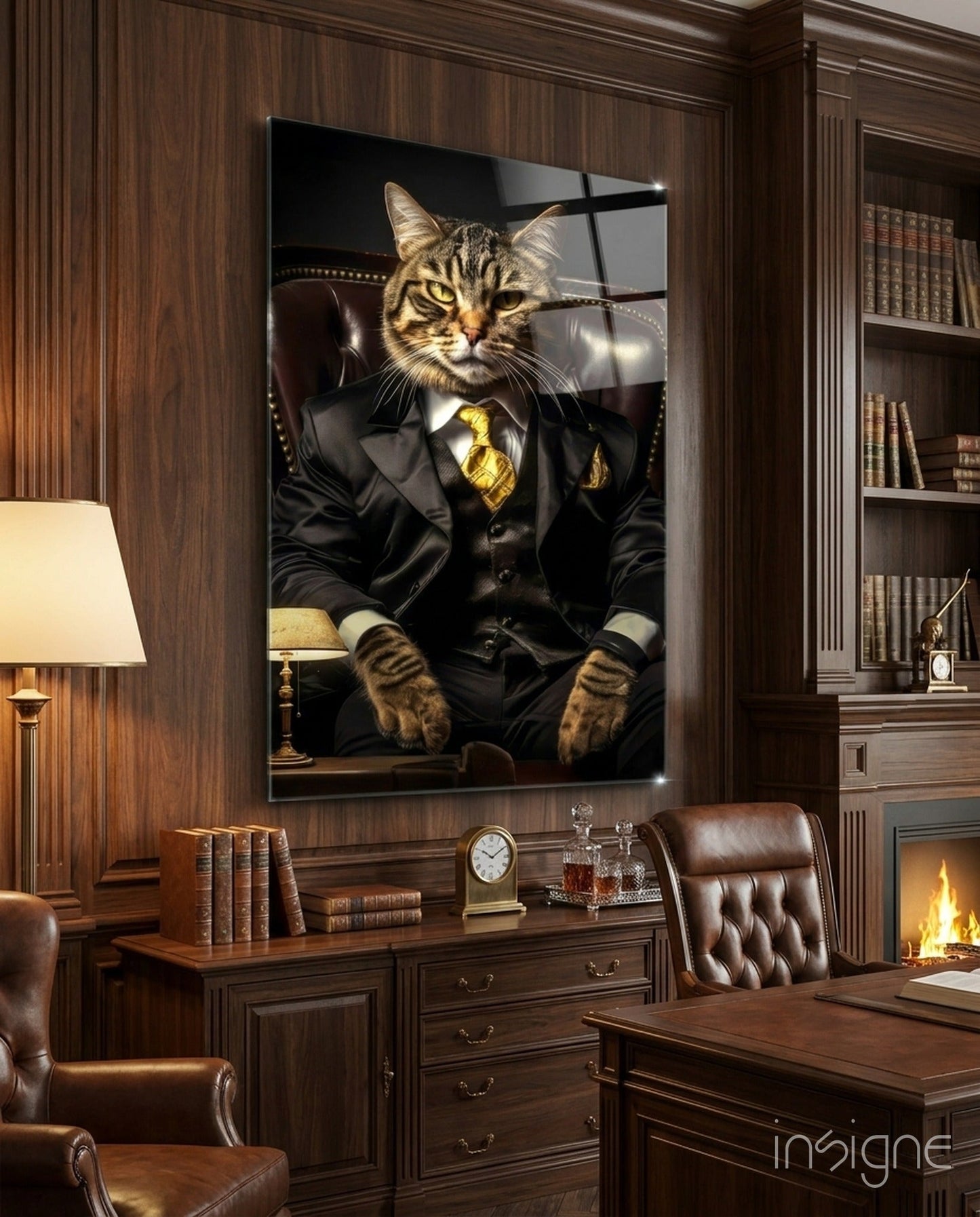 Tabby Cat Gold Tie Boss Chair Glass Wall Art