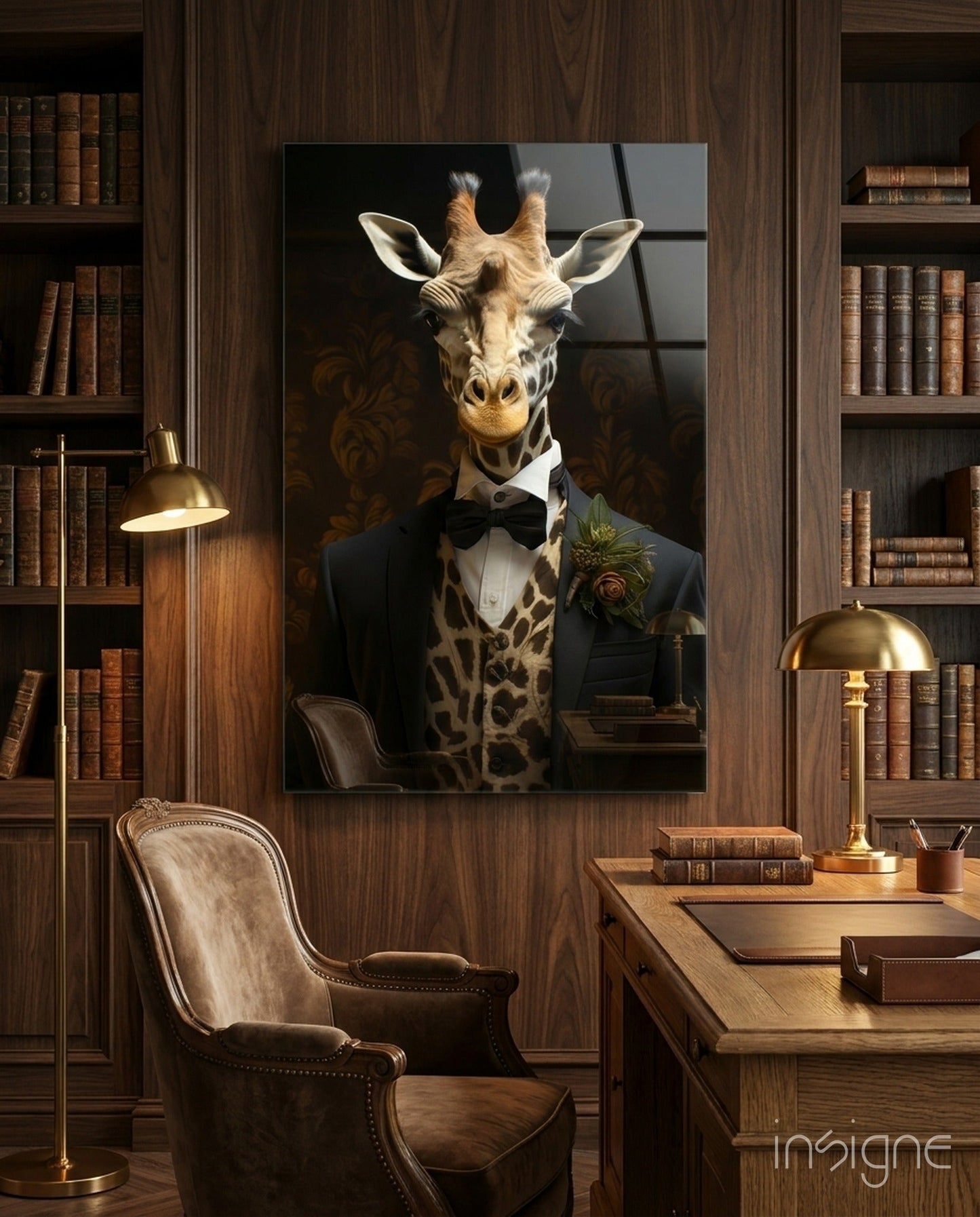 Giraffe in Tuxedo Bow Tie Glass Wall Art