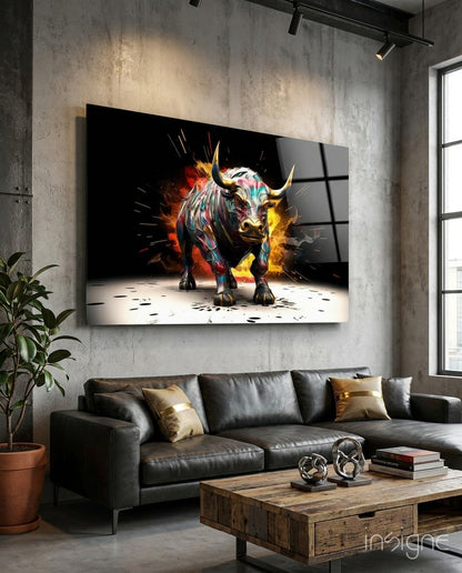 Charging Bull Paint Splash Glass Wall Art