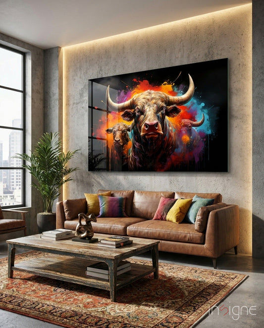 Colorful bull and calf glass wall art with vibrant orange, purple, and blue splashes displayed above a brown leather sofa in a modern living room.