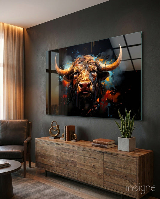Buffalo head with golden horns and orange paint splashes displayed on wall above wooden console in modern living room.