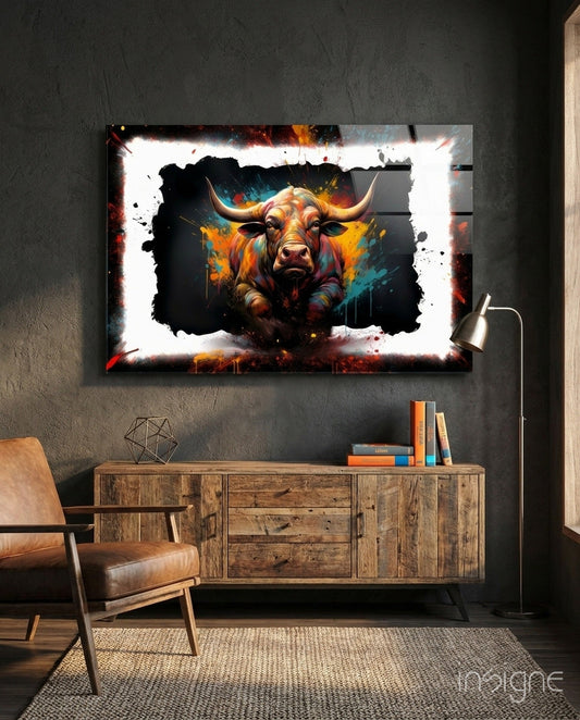 Colorful bull artwork with illuminated white frame displayed above wooden dresser in modern industrial room setting with leather chair.